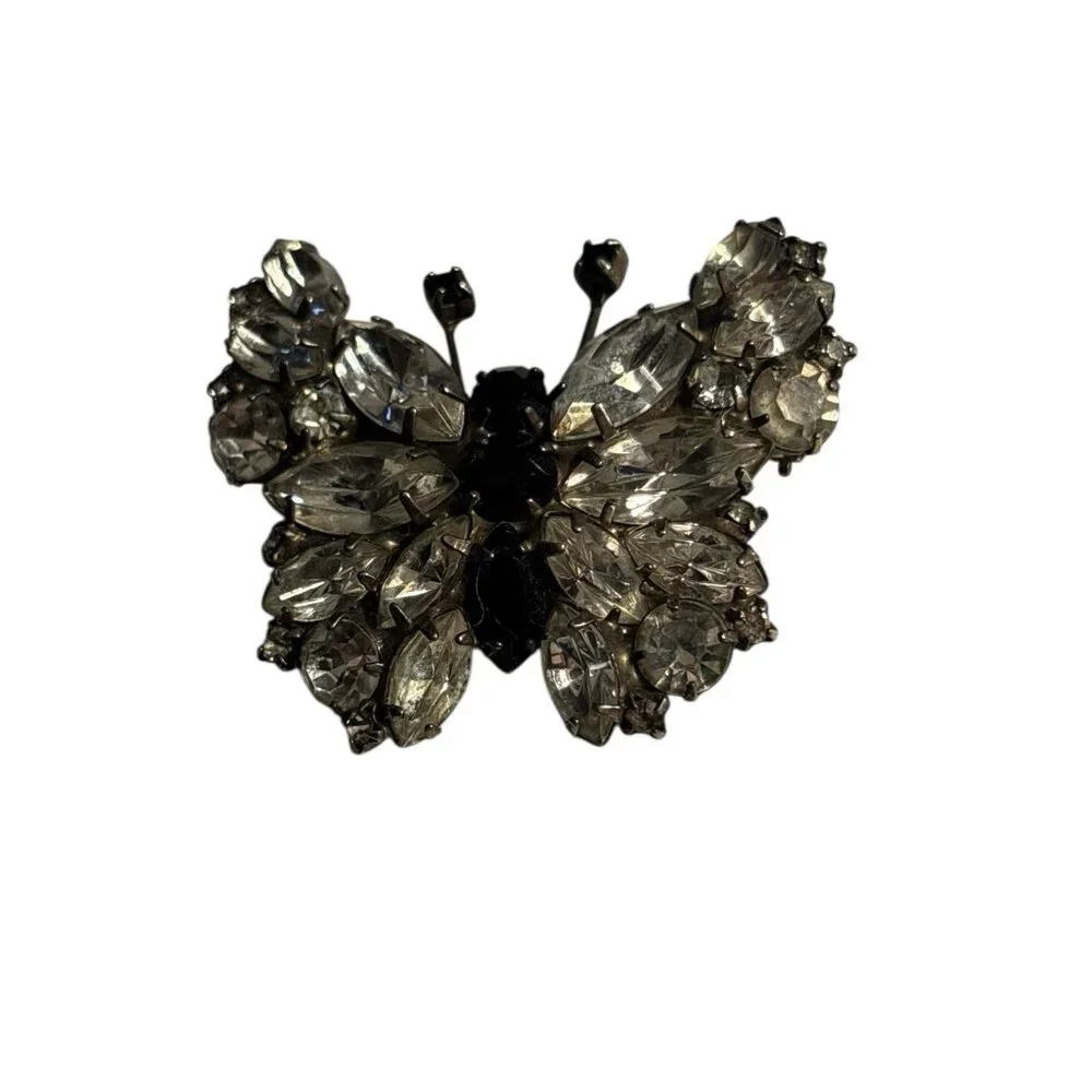 Butterfly Rhinestone Brooch Pin VTG‎ Black & Clear Rhinestones Silver Tone Retro